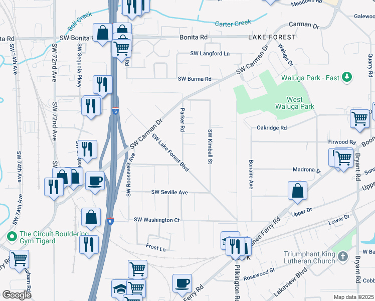 map of restaurants, bars, coffee shops, grocery stores, and more near 16240 Parker Road in Lake Oswego