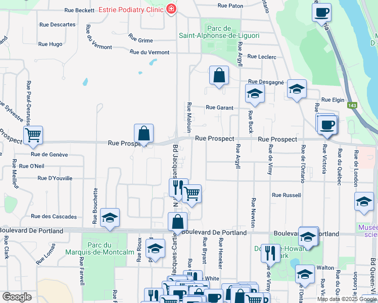 map of restaurants, bars, coffee shops, grocery stores, and more near 645 Rue Malouin in Sherbrooke