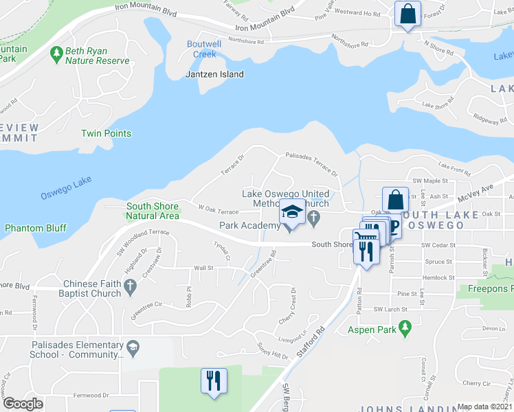 map of restaurants, bars, coffee shops, grocery stores, and more near 950 West Oak Terrace in Lake Oswego