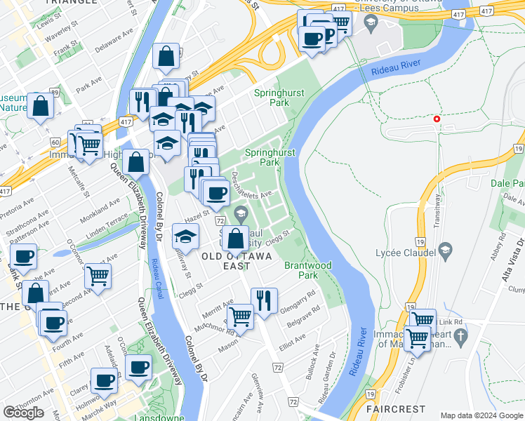 map of restaurants, bars, coffee shops, grocery stores, and more near in Ottawa
