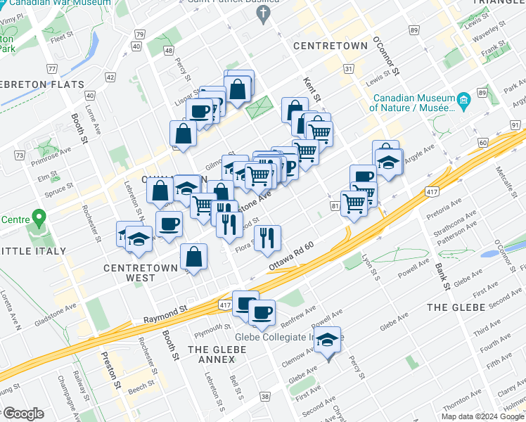 map of restaurants, bars, coffee shops, grocery stores, and more near in Ottawa
