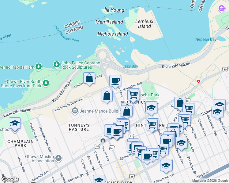 map of restaurants, bars, coffee shops, grocery stores, and more near in Ottawa