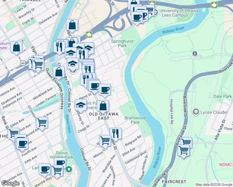 map of restaurants, bars, coffee shops, grocery stores, and more near De Mazenod Avenue in Ottawa