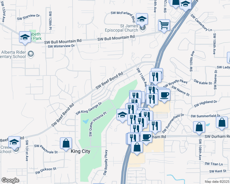 map of restaurants, bars, coffee shops, grocery stores, and more near 12020 Southwest King George Drive in Portland