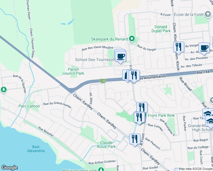 map of restaurants, bars, coffee shops, grocery stores, and more near 54 Allée Riley in Gatineau