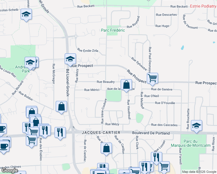 map of restaurants, bars, coffee shops, grocery stores, and more near 2627 Rue de la Laurentie in Sherbrooke
