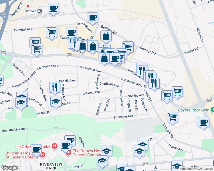map of restaurants, bars, coffee shops, grocery stores, and more near 632 Chadburn Avenue in Ottawa