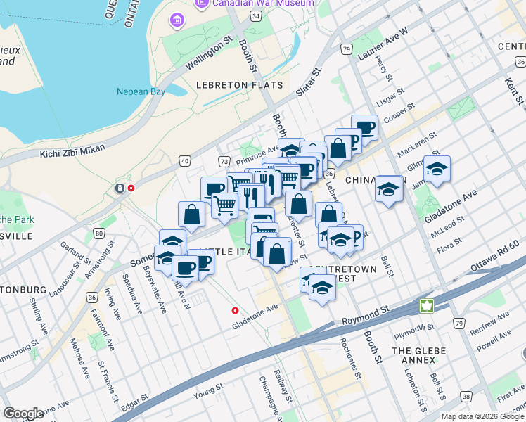 map of restaurants, bars, coffee shops, grocery stores, and more near 880 Somerset Street West in Ottawa