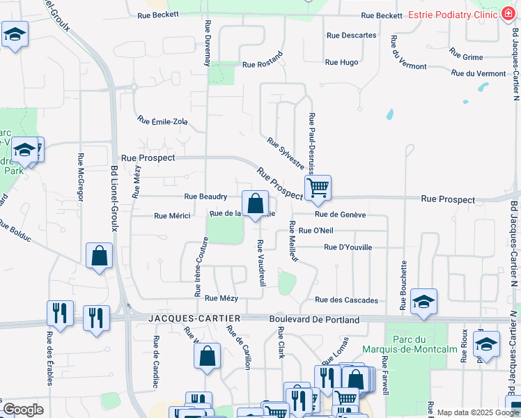 map of restaurants, bars, coffee shops, grocery stores, and more near 2525 Rue de la Laurentie in Sherbrooke