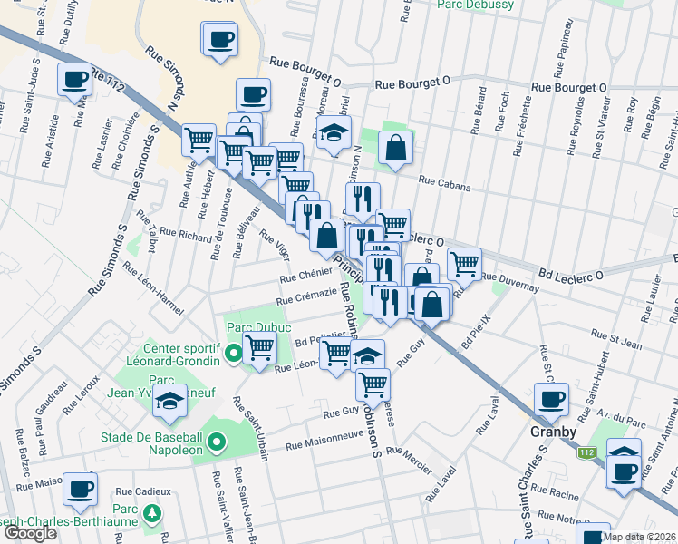 map of restaurants, bars, coffee shops, grocery stores, and more near 305 Rue Chénier in Granby