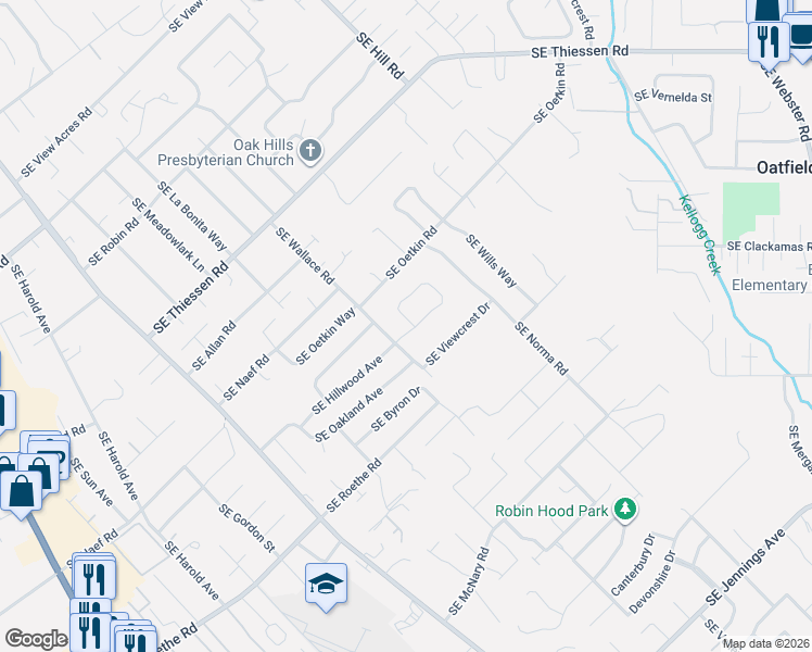 map of restaurants, bars, coffee shops, grocery stores, and more near 5676 Southeast Hillwood Circle in Milwaukie