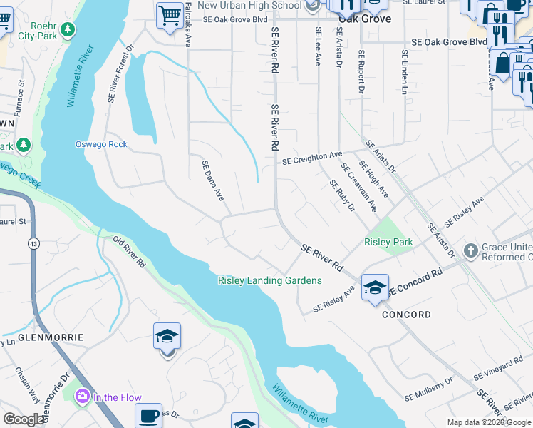 map of restaurants, bars, coffee shops, grocery stores, and more near 1740 Southeast River Forest Road in Milwaukie