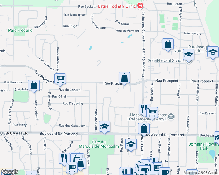 map of restaurants, bars, coffee shops, grocery stores, and more near 1998 Rue Prospect in Sherbrooke