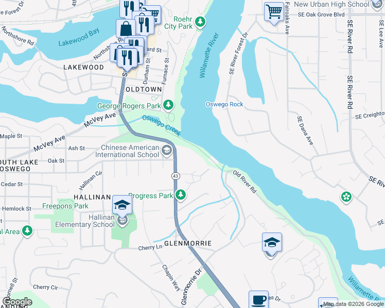 map of restaurants, bars, coffee shops, grocery stores, and more near Unnamed Road in Lake Oswego