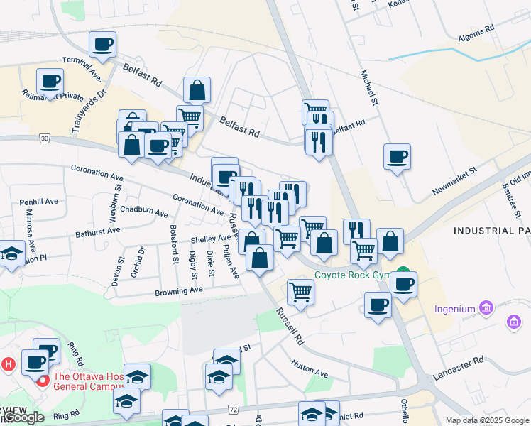 map of restaurants, bars, coffee shops, grocery stores, and more near 755 Industrial Avenue in Ottawa