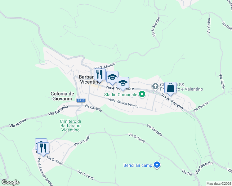map of restaurants, bars, coffee shops, grocery stores, and more near 431 Viale Vittorio Veneto in Barbarano Vicentino