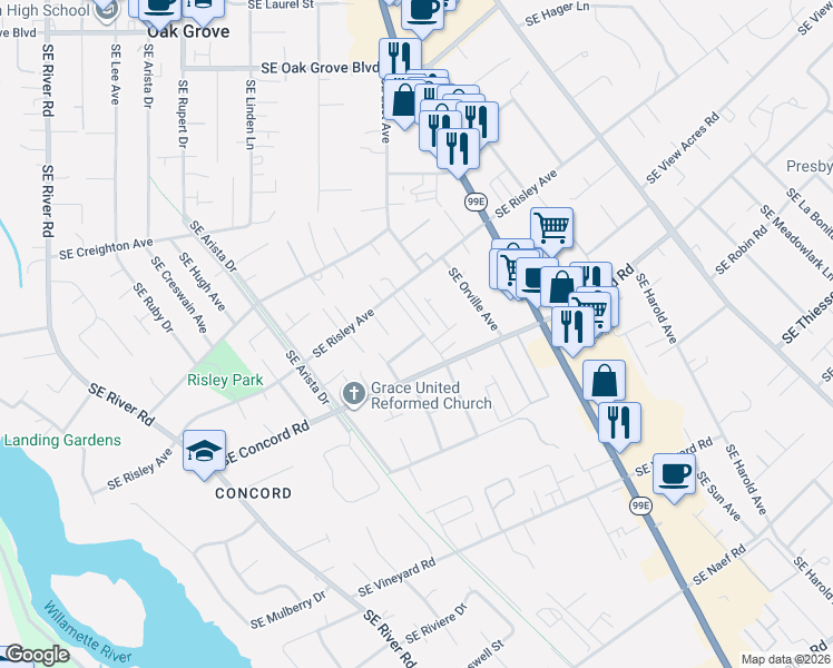 map of restaurants, bars, coffee shops, grocery stores, and more near 3111 Southeast Concord Road in Milwaukie