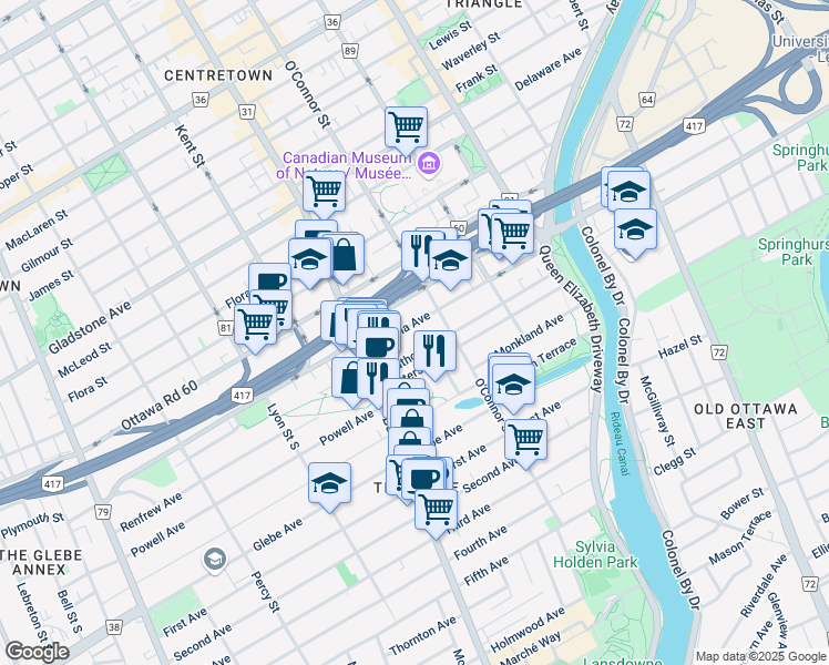 map of restaurants, bars, coffee shops, grocery stores, and more near in Ottawa