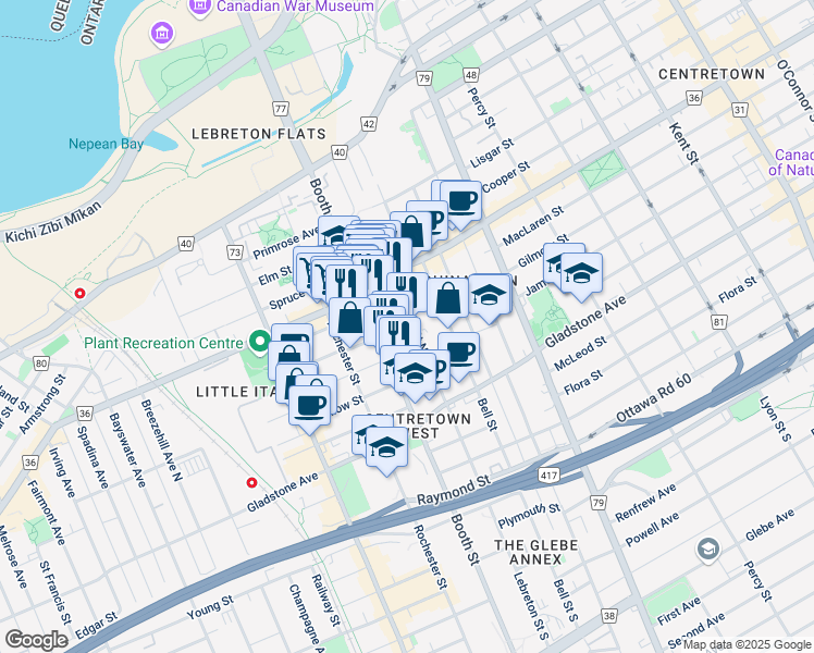 map of restaurants, bars, coffee shops, grocery stores, and more near in Ottawa