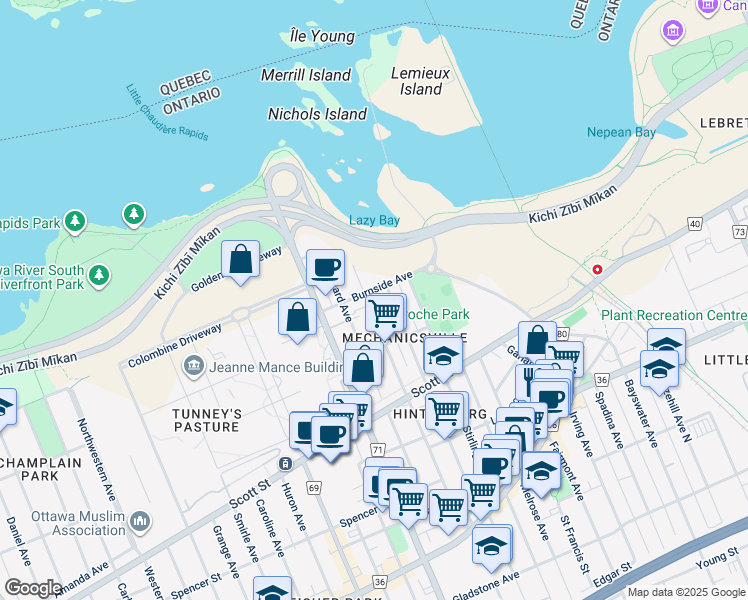 map of restaurants, bars, coffee shops, grocery stores, and more near 143 Forward Avenue in Ottawa