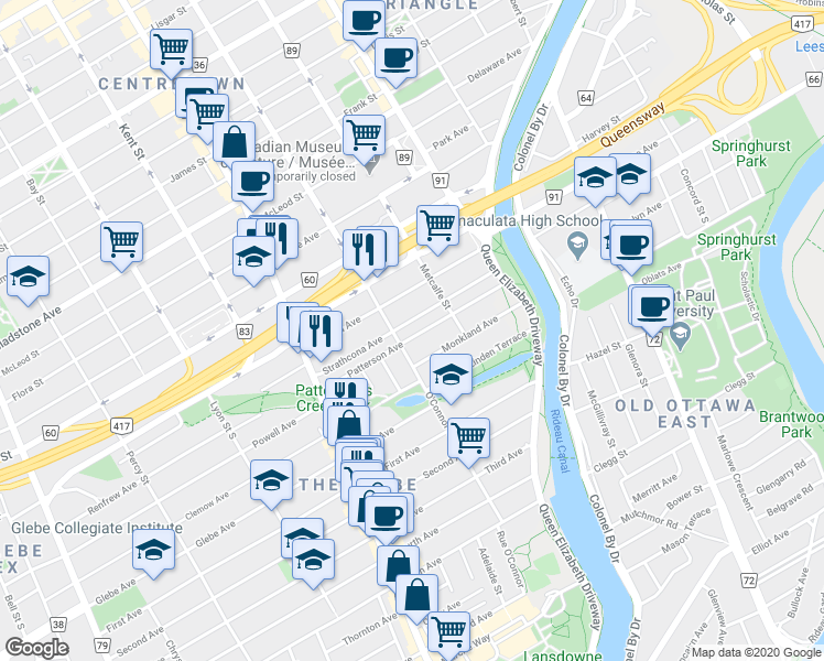 map of restaurants, bars, coffee shops, grocery stores, and more near 109 Patterson Avenue in Ottawa