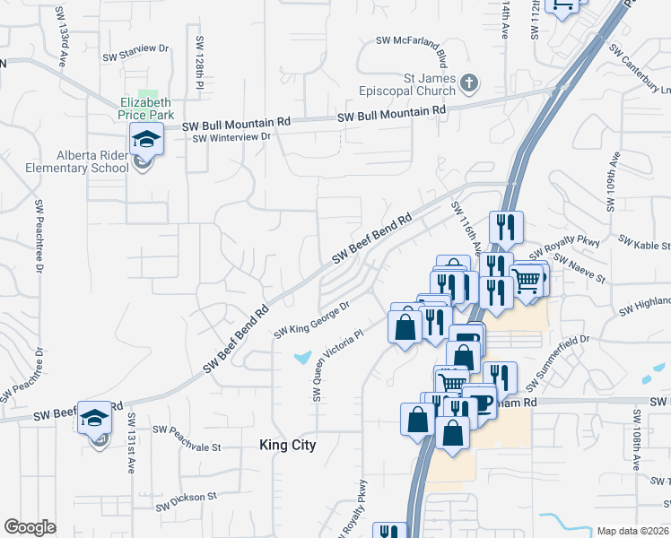 map of restaurants, bars, coffee shops, grocery stores, and more near 12160 Southwest Royal Court in Portland
