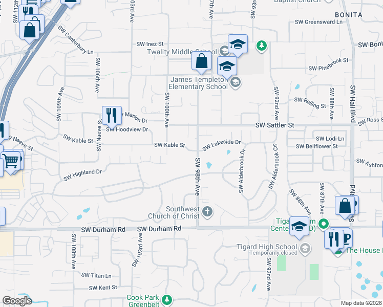 map of restaurants, bars, coffee shops, grocery stores, and more near 9834 Southwest Kable Street in Tigard