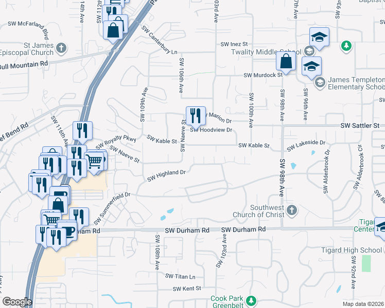 map of restaurants, bars, coffee shops, grocery stores, and more near 10554 Southwest Naeve Street in Tigard