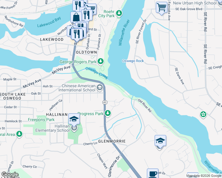 map of restaurants, bars, coffee shops, grocery stores, and more near 16200 Pacific Highway in Lake Oswego