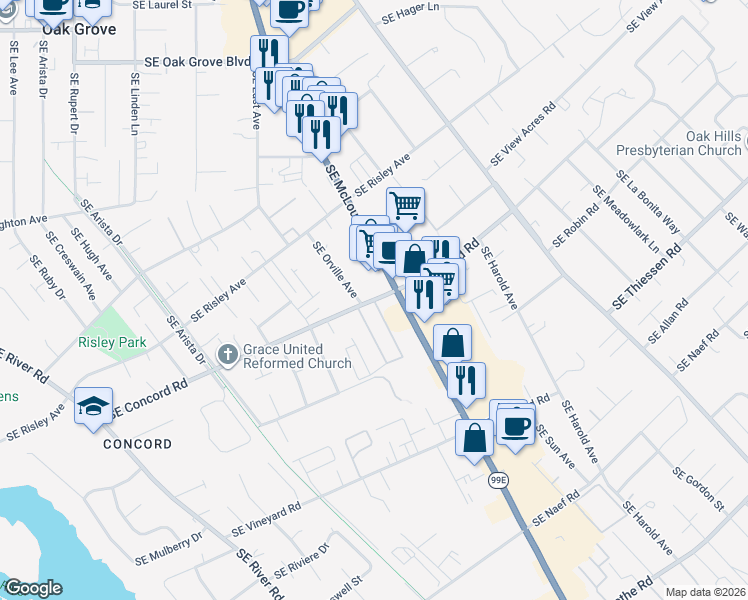 map of restaurants, bars, coffee shops, grocery stores, and more near 3500 Southeast Concord Road in Oak Grove