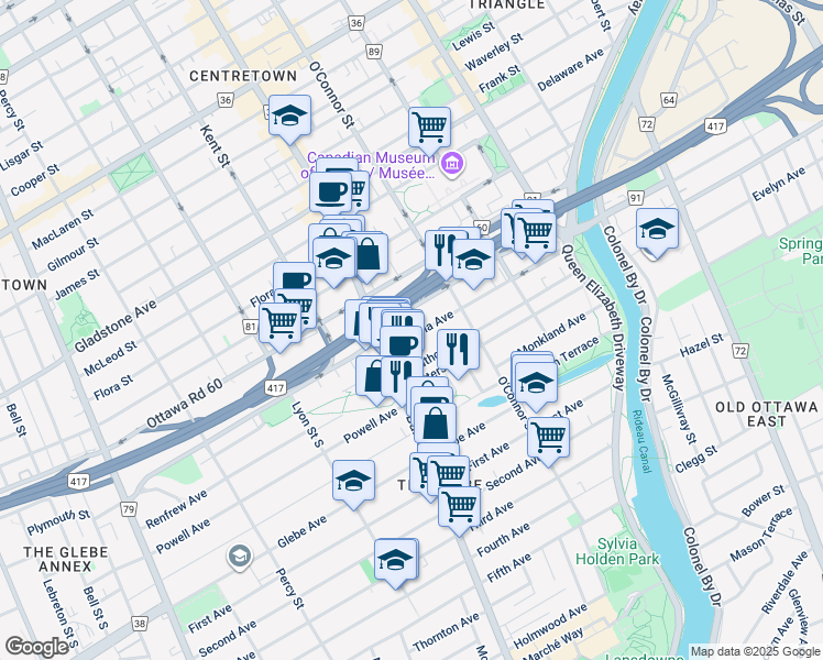 map of restaurants, bars, coffee shops, grocery stores, and more near 191 Pretoria Avenue in Ottawa