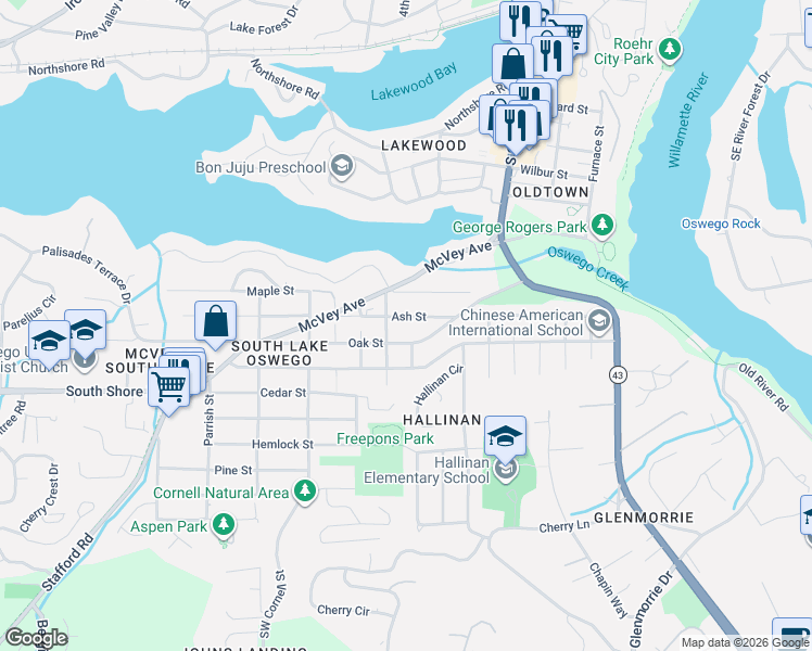 map of restaurants, bars, coffee shops, grocery stores, and more near 818 Ash Street in Lake Oswego