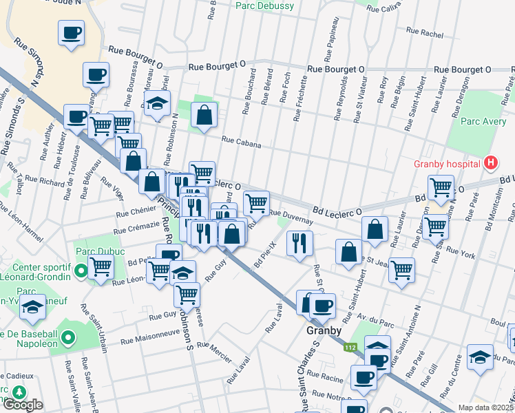 map of restaurants, bars, coffee shops, grocery stores, and more near 575 Rue Duvernay in Granby