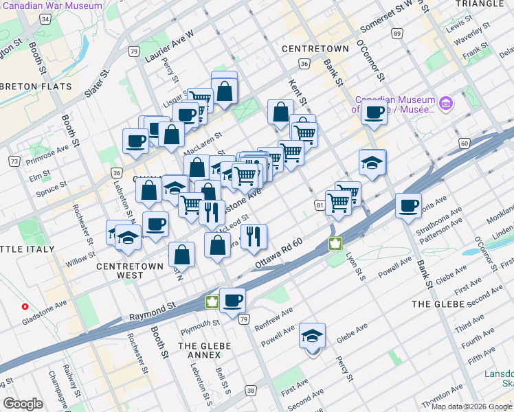 map of restaurants, bars, coffee shops, grocery stores, and more near 523 McLeod Street in Ottawa