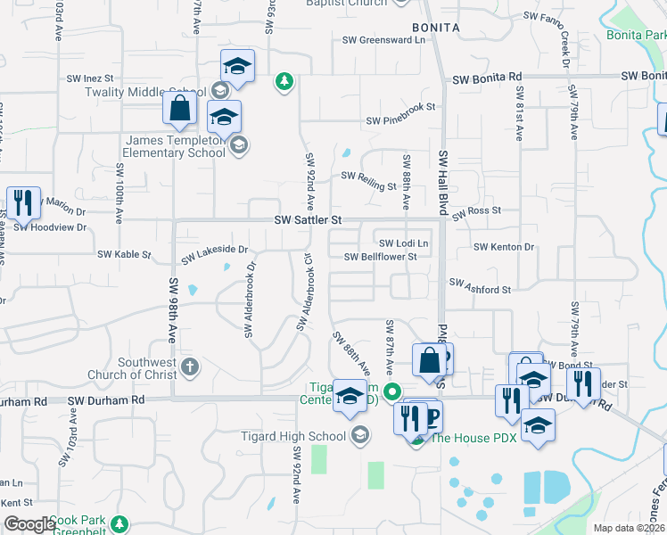 map of restaurants, bars, coffee shops, grocery stores, and more near 9013 Southwest Pippen Lane in Tigard