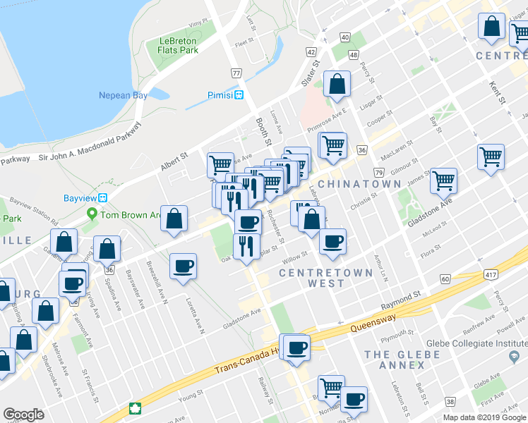 map of restaurants, bars, coffee shops, grocery stores, and more near 130 Anderson Street in Ottawa