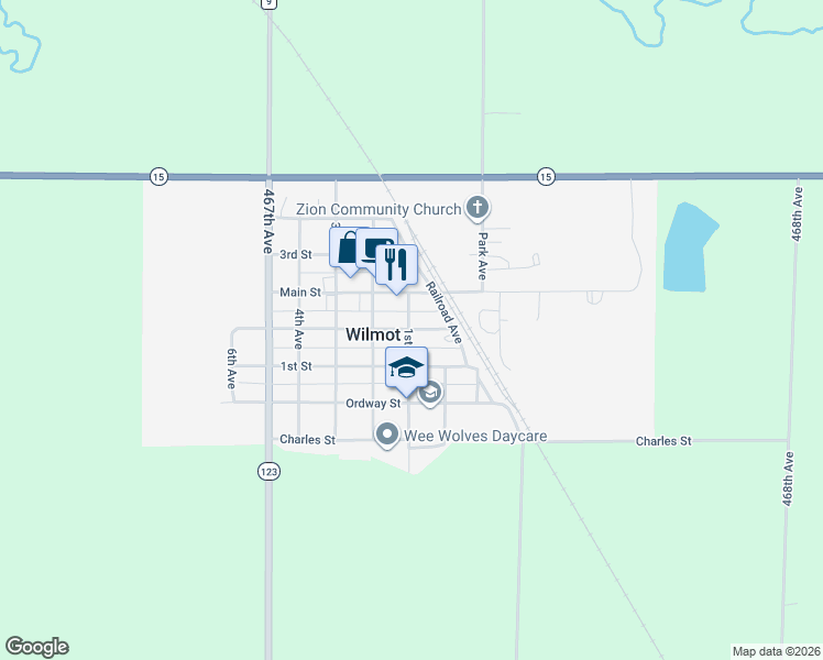 map of restaurants, bars, coffee shops, grocery stores, and more near 700-798 1st Ave in Wilmot