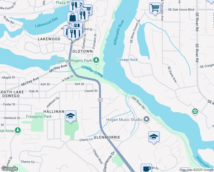 map of restaurants, bars, coffee shops, grocery stores, and more near 16250 Pacific Highway in Lake Oswego
