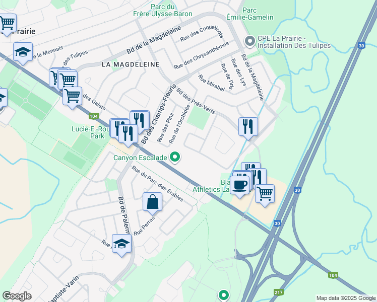 map of restaurants, bars, coffee shops, grocery stores, and more near 155 Rue des Orties in La Prairie