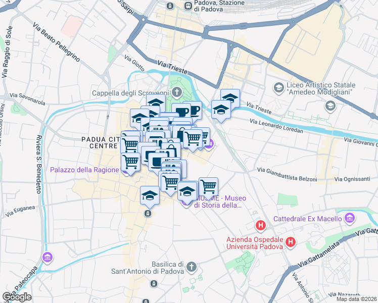 map of restaurants, bars, coffee shops, grocery stores, and more near 2 Via San Biagio in Padova