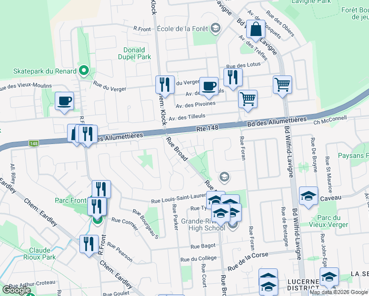 map of restaurants, bars, coffee shops, grocery stores, and more near Impasse John-Roney in Gatineau