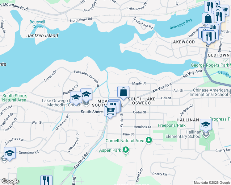 map of restaurants, bars, coffee shops, grocery stores, and more near in Lake Oswego