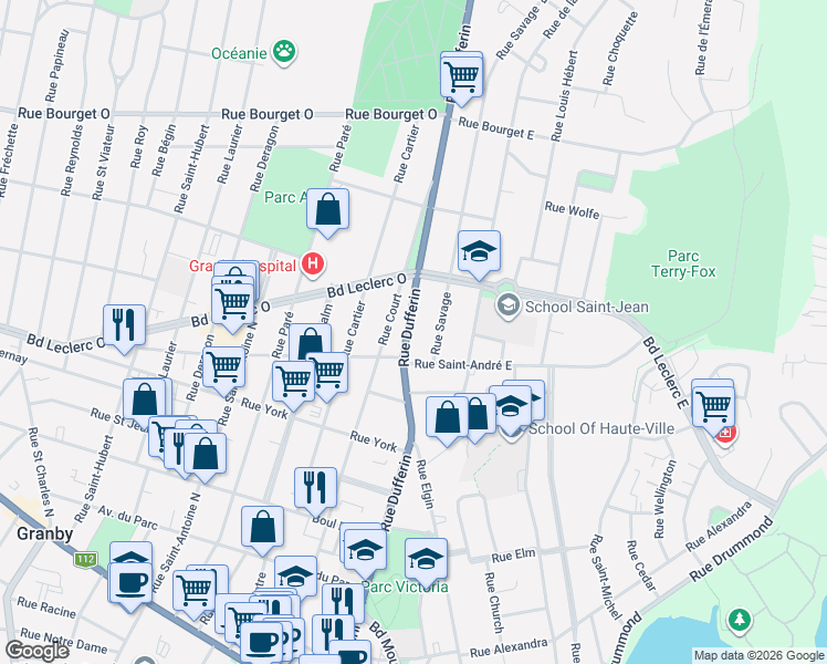 map of restaurants, bars, coffee shops, grocery stores, and more near 231 Rue Dufferin in Granby