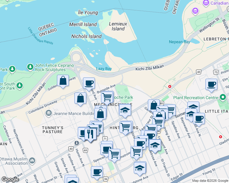 map of restaurants, bars, coffee shops, grocery stores, and more near 26 Stonehurst Avenue in Ottawa