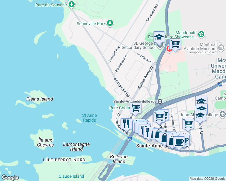map of restaurants, bars, coffee shops, grocery stores, and more near 176 Terrasse Maxime in Sainte-Anne-de-Bellevue