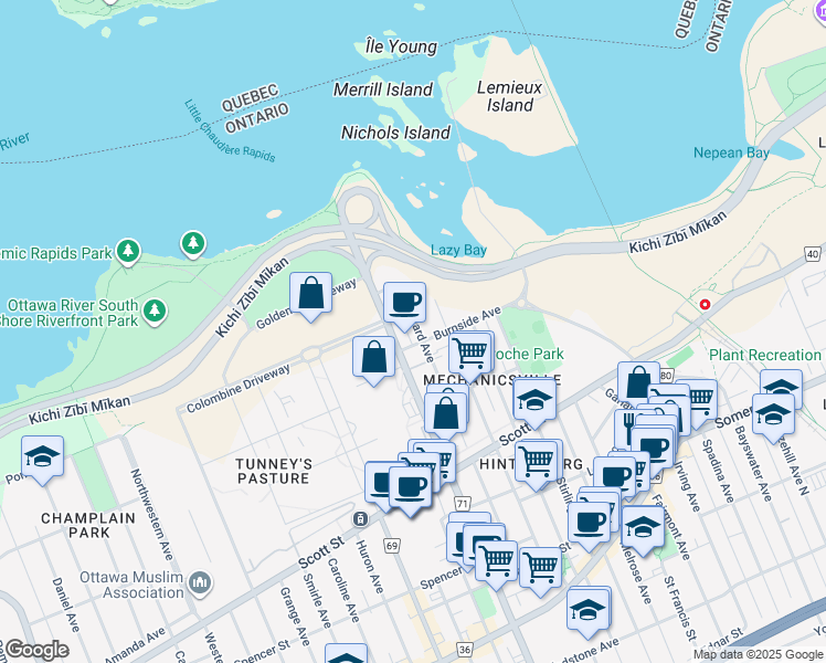 map of restaurants, bars, coffee shops, grocery stores, and more near 110 Forward Avenue in Ottawa