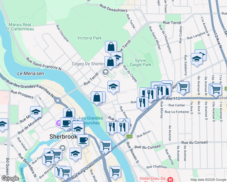 map of restaurants, bars, coffee shops, grocery stores, and more near 295 Rue Kennedy Nord in Sherbrooke