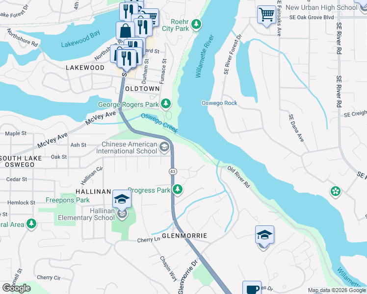 map of restaurants, bars, coffee shops, grocery stores, and more near George Rogers Park in Lake Oswego