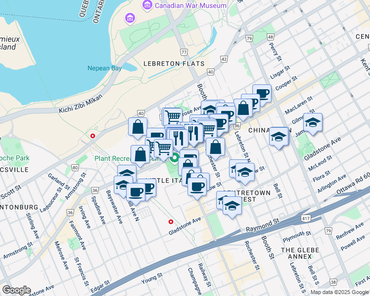 map of restaurants, bars, coffee shops, grocery stores, and more near in Ottawa
