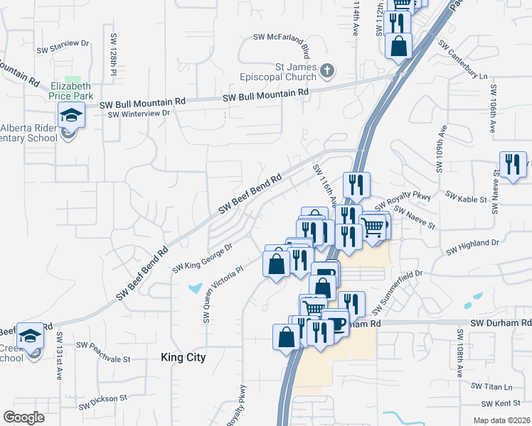 map of restaurants, bars, coffee shops, grocery stores, and more near 11950 Southwest King George Drive in Tigard